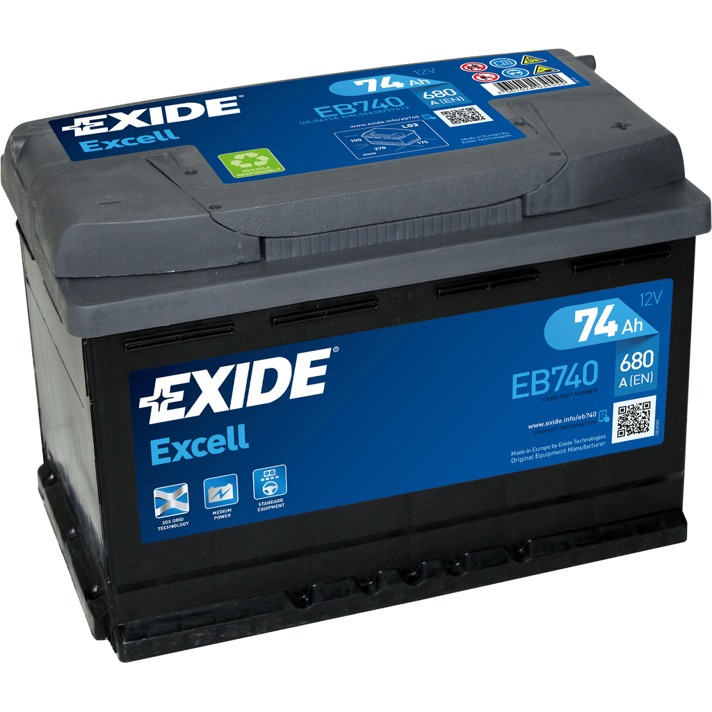 Exide Excell EB740 Battery. 74Ah - 680A(EN) 12V. Box L3